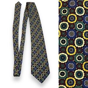 Rochas Paris 100% Silk Neck Tie Colorful Geo Circle Print Handmade Yellow Green